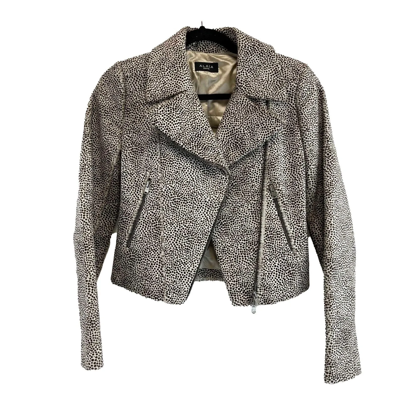 Alaia Rare Vintage Fur Moto Biker Jacket Beige and Black 36 US 4