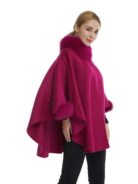 Cashmere blend poncho with fox trim