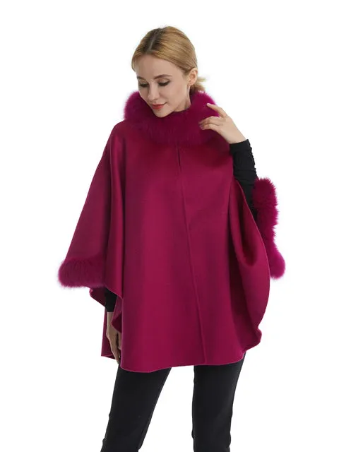 Cashmere blend poncho with fox trim