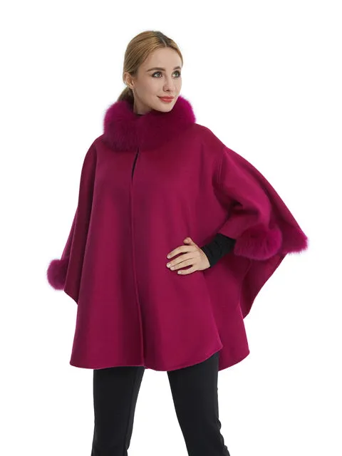 Cashmere blend poncho with fox trim