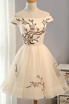 Champagne Embroidery Homecoming Dresses,Tulle Short Party Dresses
