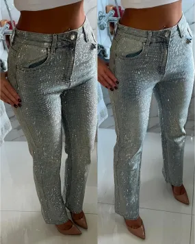 Diamant Embellished Straight Leg Blue Denim Jeans