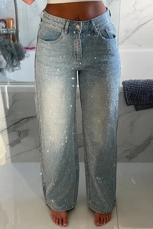 Diamant Embellished Straight Leg Blue Denim Jeans