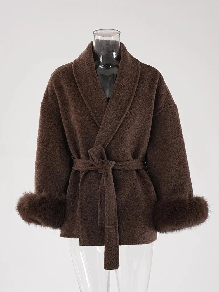 Elegant OL Office Lady Overcoats Fur Patchwork Long Sleeve Woolen Coat Beautiful Women's Clothing Jacket Autumn 2024 Spring