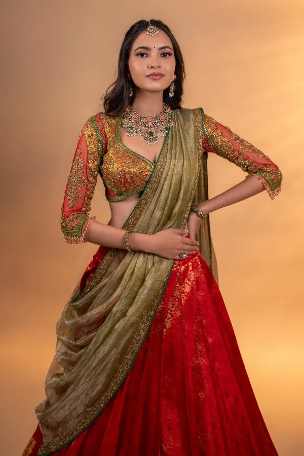 KANJEEVARAM BRIDAL HALF SAREE IN RED