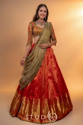 KANJEEVARAM BRIDAL HALF SAREE IN RED
