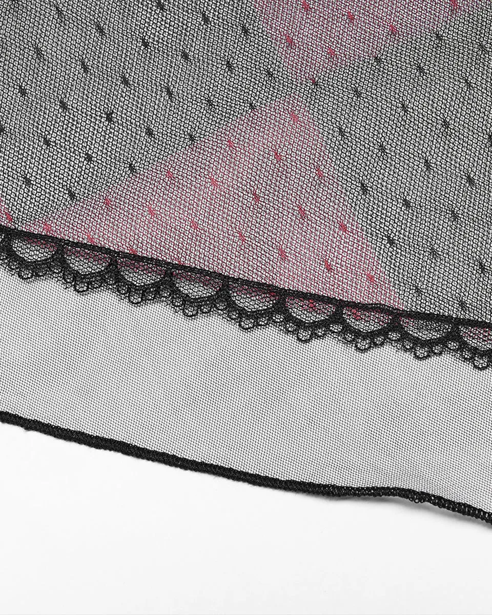 LQ103-BKPRFPyon Pyon Womens Gothic Lolita Sheer Mesh Half-Skirt - Black & Red Check