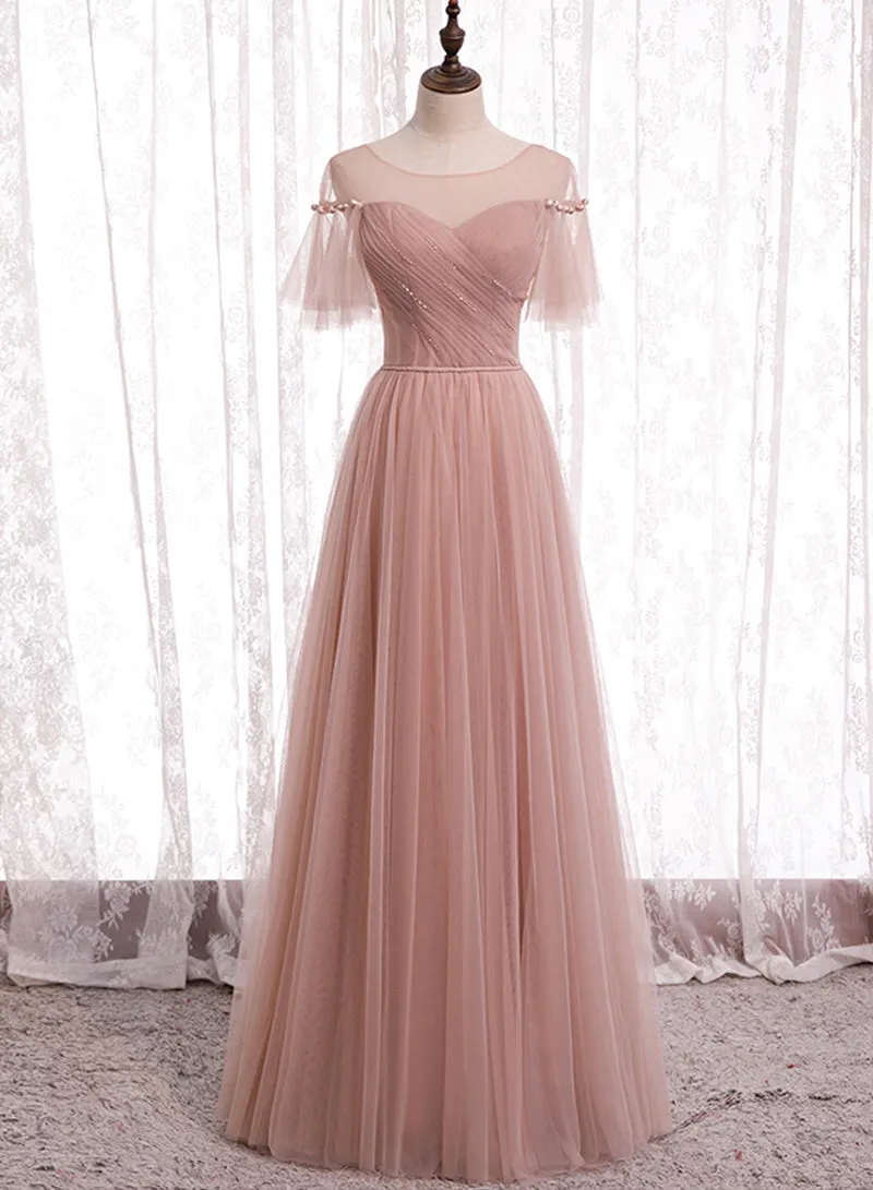 Pink Tulle Long Prom Dresses A-Line Evening Party Dresses Elegant Bridesmaid Dresses