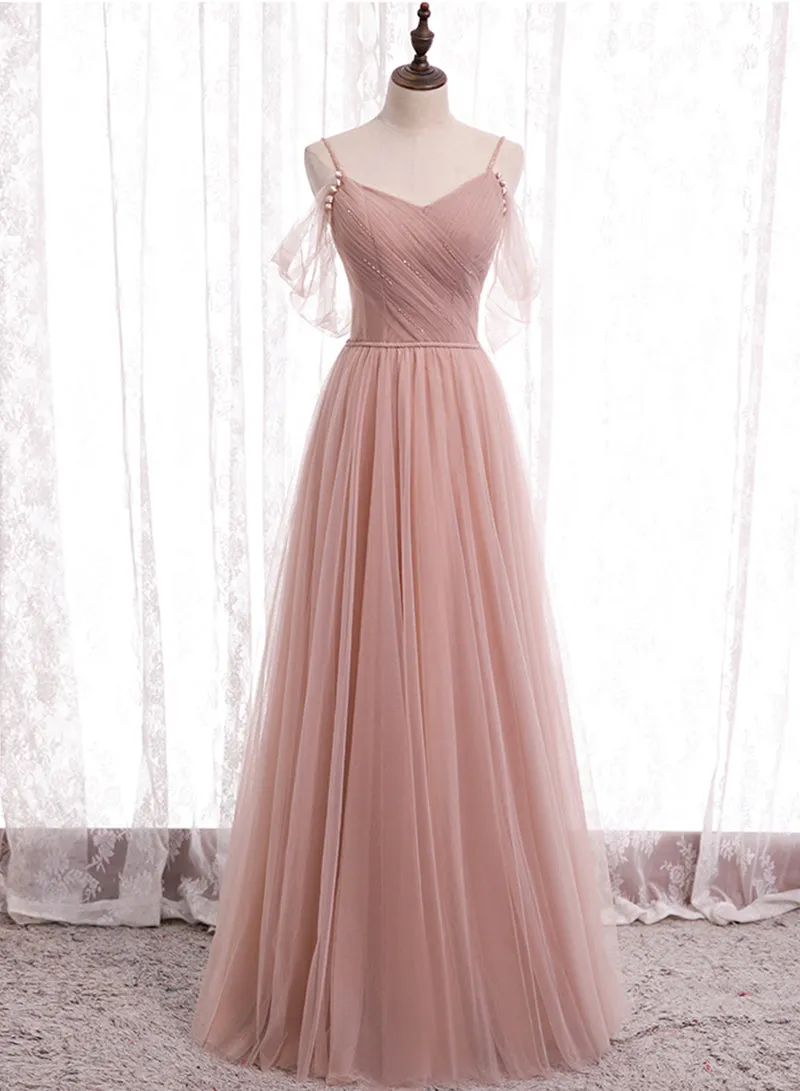Pink Tulle Long Prom Dresses A-Line Evening Party Dresses Elegant Bridesmaid Dresses