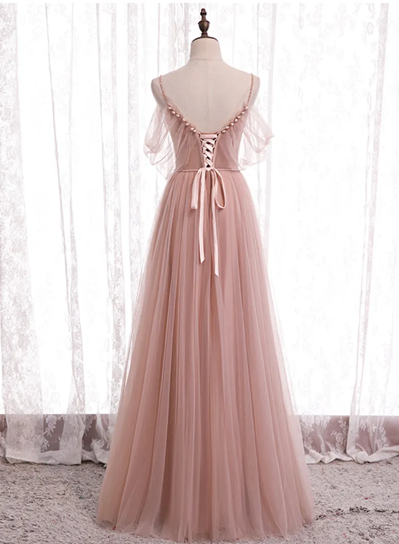Pink Tulle Long Prom Dresses A-Line Evening Party Dresses Elegant Bridesmaid Dresses