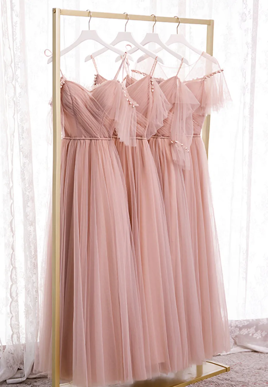 Pink Tulle Long Prom Dresses A-Line Evening Party Dresses Elegant Bridesmaid Dresses