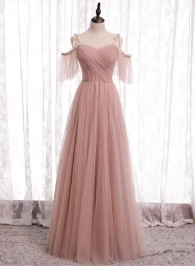 Pink Tulle Long Prom Dresses A-Line Evening Party Dresses Elegant Bridesmaid Dresses