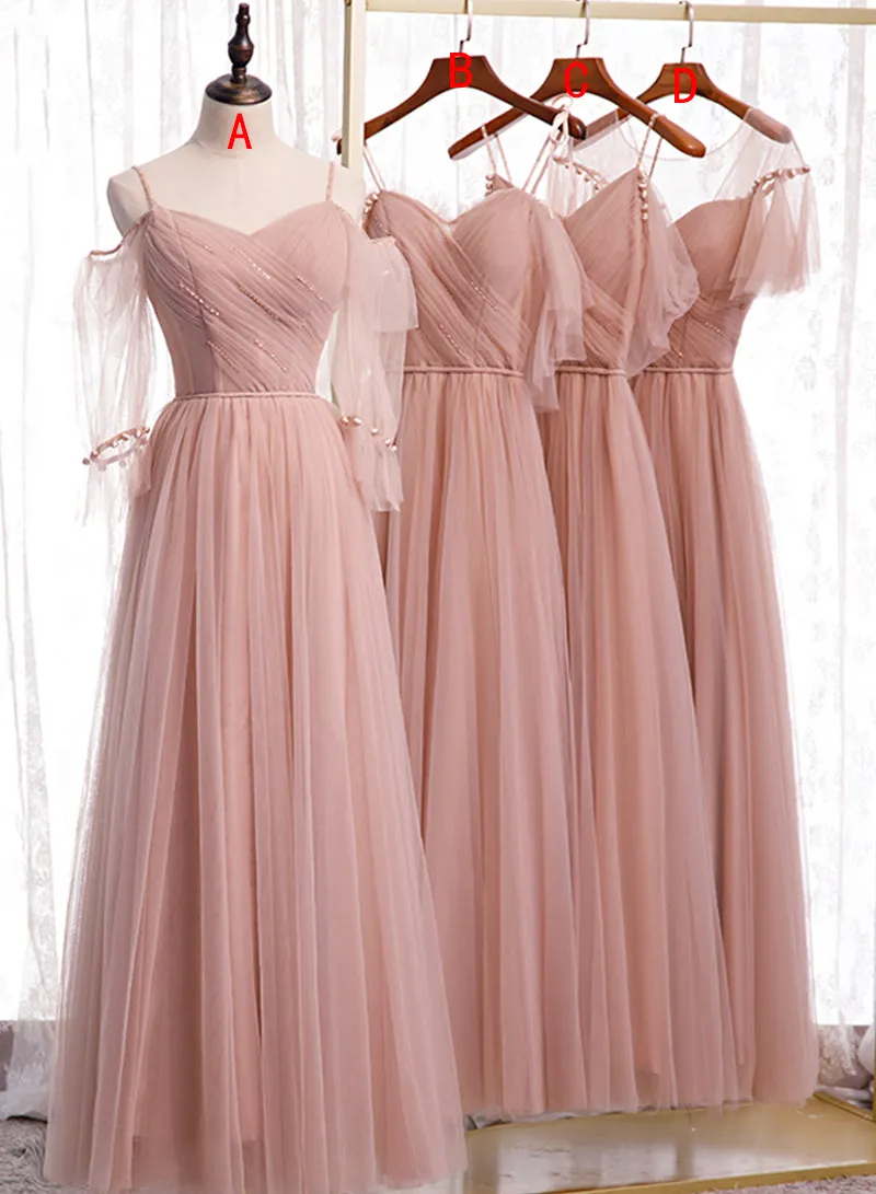 Pink Tulle Long Prom Dresses A-Line Evening Party Dresses Elegant Bridesmaid Dresses