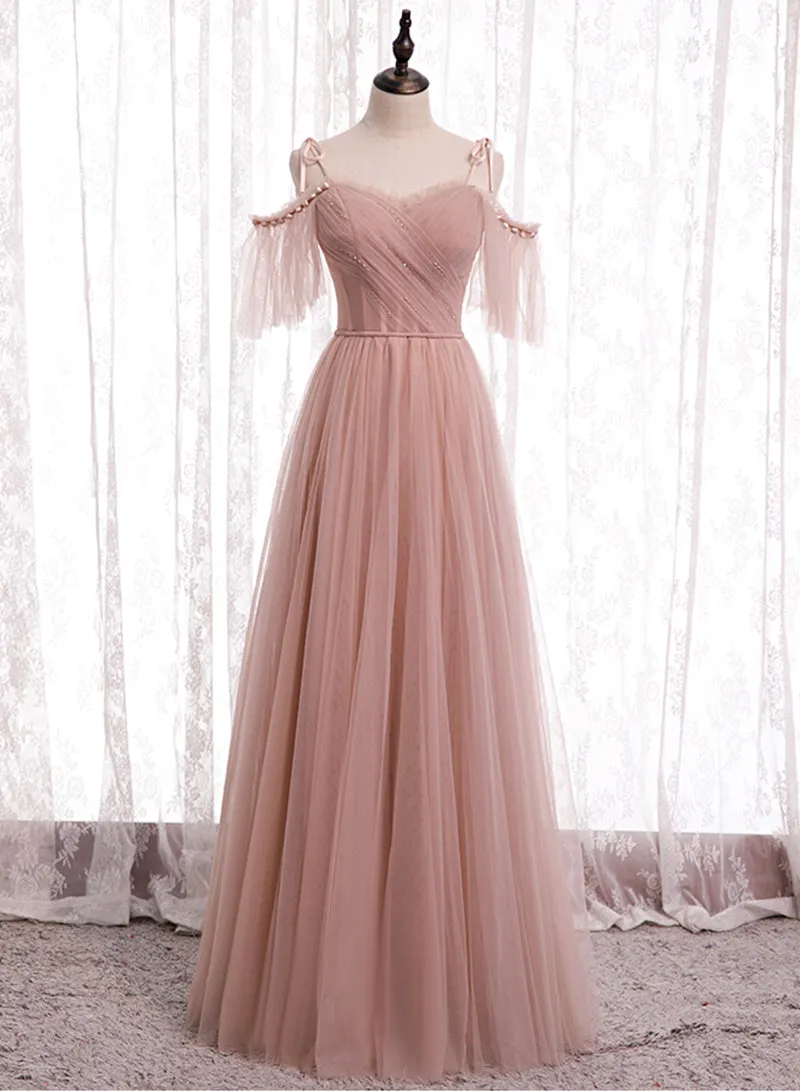 Pink Tulle Long Prom Dresses A-Line Evening Party Dresses Elegant Bridesmaid Dresses
