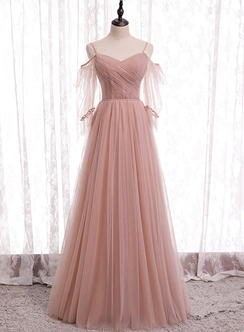 Pink Tulle Long Prom Dresses A-Line Evening Party Dresses Elegant Bridesmaid Dresses