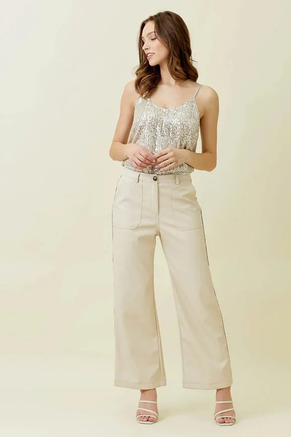 Piping Faux Leather Trousers Ecru