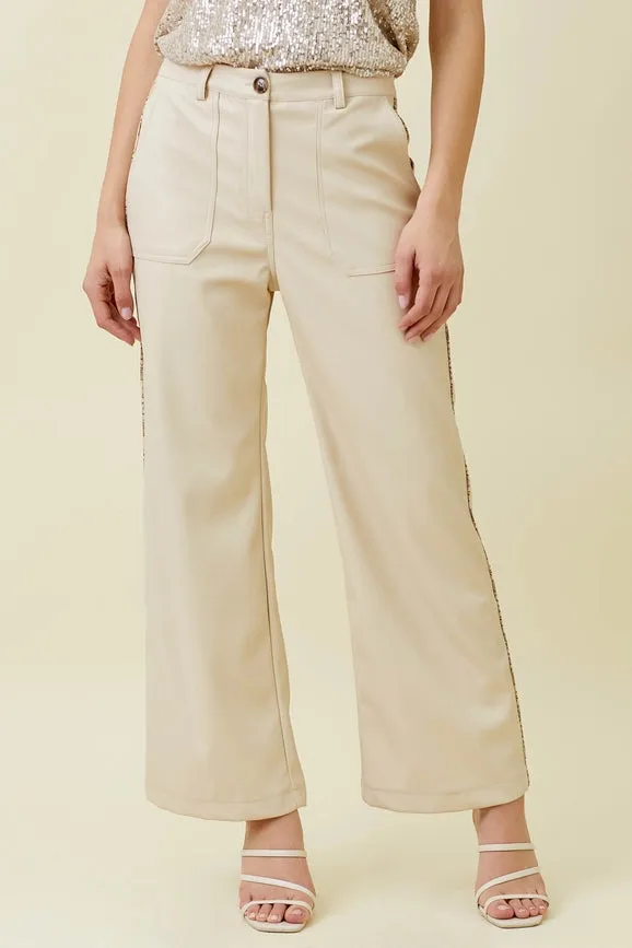 Piping Faux Leather Trousers Ecru