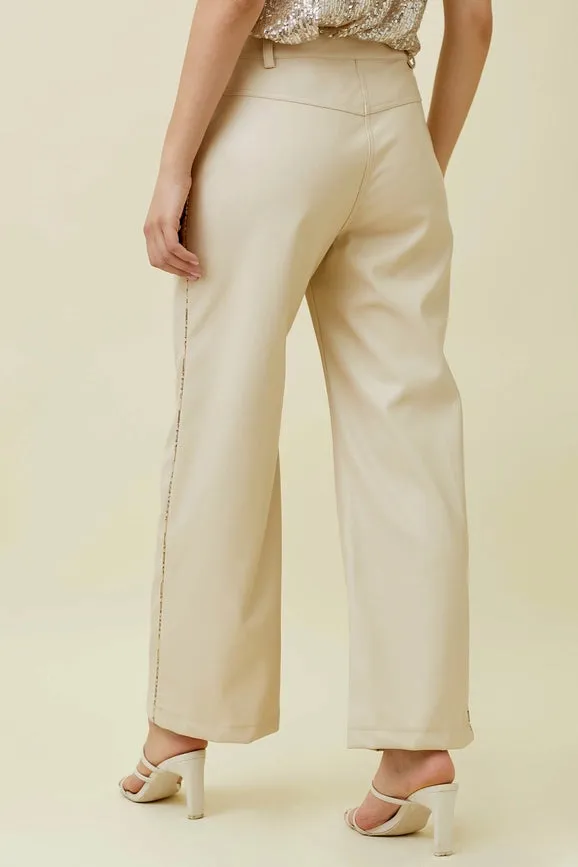 Piping Faux Leather Trousers Ecru