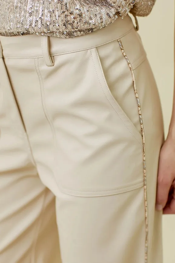 Piping Faux Leather Trousers Ecru