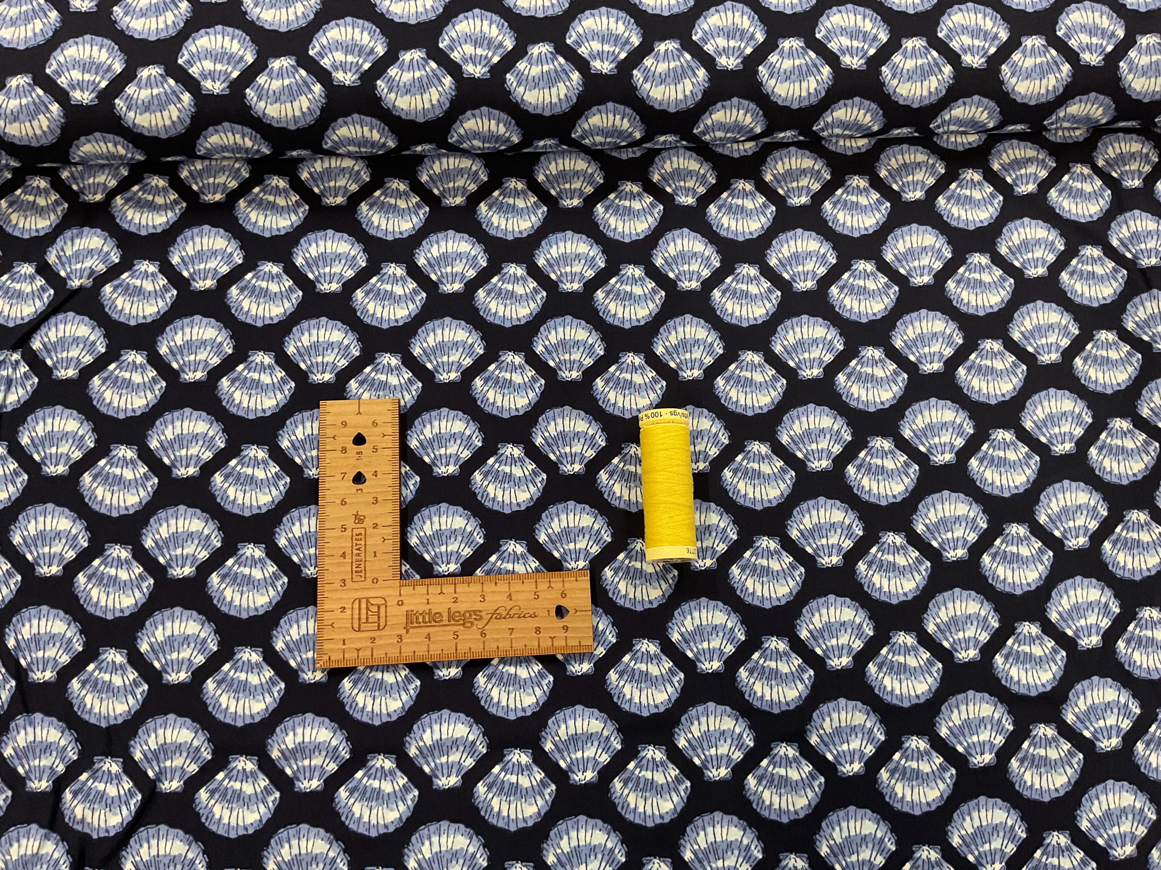 Scallop Shells on Navy Viscose Rayon Fabric